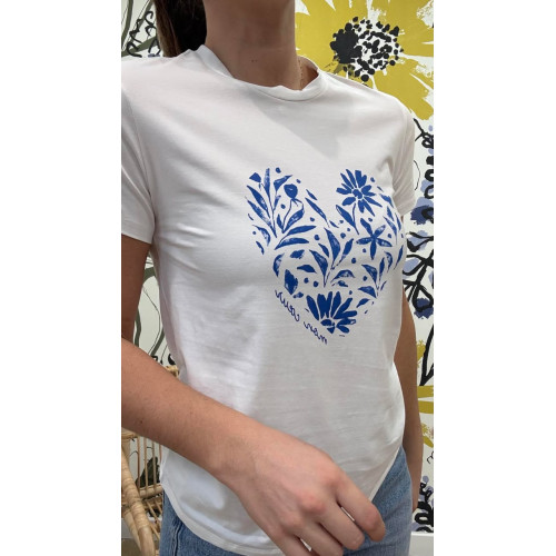 tee shirt coeur floral bleu...